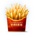 Tasty cartoon french fries in red box with ribbon and text