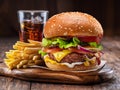 Tasty cheeseburger, glass of cola and french fries on wooden tray close-up Royalty Free Stock Photo