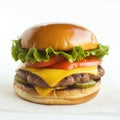 tasty cheeseburger with lettuce, tomato, onion