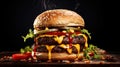 Tasty cheeseburger on wooden cutting board, large size hamburger with grilled meat, melting cheese and fresh vegtables, isolated