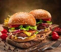 Tasty cheeseburgers on wooden tray, some seasonings and cutlery near it