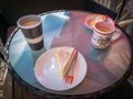 Tasty cheesecake on the table with cups of coffee for two people. Royalty Free Stock Photo