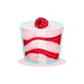 Tasty cheesecake or tiramisu in glass. Delicious raspberry dessert. Sweet food. Flat vector for cafe or restaurant menu