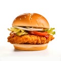 Tasty chicken burger with lettuce, sauce, onion, cucumber and tomato on a white background