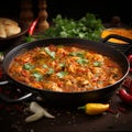 Tasty chicken curry in a pan with wooden spices