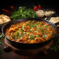 Tasty chicken curry in a pan with wooden spices