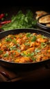 Tasty chicken curry in a pan with wooden spices