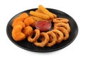 Tasty chicken nuggets, fried onion rings, cheese sticks and ketchup isolated on white Royalty Free Stock Photo