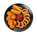 Tasty chicken nuggets, fried onion rings, cheese sticks and ketchup isolated on white, top view Royalty Free Stock Photo