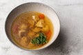 Tasty chicken soup bouillon with dumplings, chicken meat and parsley in a white bowl. Isolated on marble background Royalty Free Stock Photo