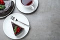 Tasty chocolate cake with berries on table, flat lay. Space for text Royalty Free Stock Photo