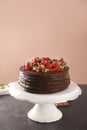 Tasty chocolate cake with strawberries and currants on table against color background Royalty Free Stock Photo