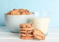 Tasty chocolate chip cookies and glass of milk Royalty Free Stock Photo