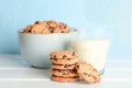 Tasty chocolate chip cookies and glass of milk Royalty Free Stock Photo