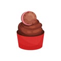 Tasty chocolate cupcake decorated with small sandwich cookie. Delicious dessert for Valentine s day. Flat vector icon