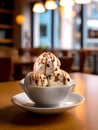 Tasty chocolate ice cream in a bowl at restaurant