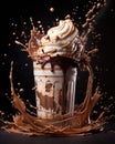 Tasty chocolate milkshake topped with cream, with splashes