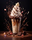 Tasty chocolate milkshake topped with cream, with splashes