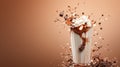 Tasty chocolate milkshake topped with cream, with splashes