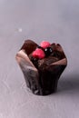 Tasty Chocolate Muffin Decorated with Berries on Gray Background Dessert for Tea or Coffee Vertical Copy Space