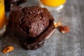 Tasty chocolate muffin with walnuts. Royalty Free Stock Photo
