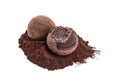 Tasty chocolate truffles with cacao powder on white background Royalty Free Stock Photo