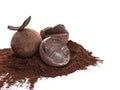 Tasty chocolate truffles with cacao powder on white background Royalty Free Stock Photo