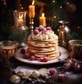 Tasty Christmas pancakes on the table. Gingerbread. Christmas dinner.