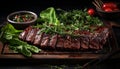 Tasty close up of perfectly roasted and sliced barbecue pork ribs with mouthwatering meat