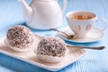 Tasty cocoa and chocolate cakes and cup of tea. Royalty Free Stock Photo