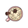 Tasty coffee drink with cinnamon and whipped cream. Cute cartoon style cozy image