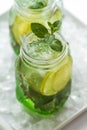 Tasty cold fresh drink lemonade with lemon, mint, ice and lime i Royalty Free Stock Photo