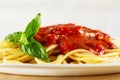 Tasty colorful appetizing cooked spaghetti italian pasta with to Royalty Free Stock Photo