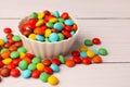 Tasty colorful candies on white wooden table, closeup Royalty Free Stock Photo