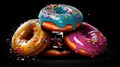 Tasty colorful donuts with sprinkles on dark background Royalty Free Stock Photo