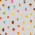 Tasty colorful ice cream seamless pattern. Sweet summer background. Cute fabric print, wrapping paper. Stickers