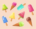 Tasty colorful ice cream set. Collection ice-cream cones and Popsicle isolated on white background. Vector illustration Royalty Free Stock Photo