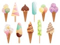 Tasty colorful ice cream set. Collection ice-cream cones and ice-cream on a stick isolated on white background. Vector Royalty Free Stock Photo