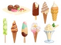 Tasty colorful ice cream set. Collection ice-cream cones and ice-cream on a stick isolated on white background. Vector Royalty Free Stock Photo