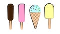 Tasty colorful ice cream set. Collection ice-cream cones and Popsicle with different topping isolated on white background. Vector Royalty Free Stock Photo