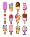 Tasty colorful ice cream set. Collection ice-cream cones and Popsicle with different topping isolated on white Royalty Free Stock Photo