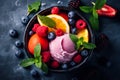 Tasty colorful sorbet set. illustration of summer sorbet with berries and ice cubes