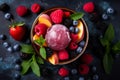 Tasty colorful sorbet set. illustration of summer sorbet with berries and ice cubes