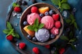 Tasty colorful sorbet set. illustration of summer sorbet with berries and ice cubes