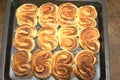 Tasty cooked baking on kitchen tray closeup