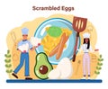 Tasty cooked eggs. Scrambled eggs with vegetables and sausages