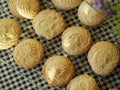 Tasty cookies on a cooling rack grey textile