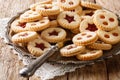 Tasty cookies sandwich with jam. Traditional Austrian pastries Linzer. Close-up on a plate. horizontal Royalty Free Stock Photo