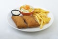 Tasty cordons bleus plate served with fries, dip and Coleslaw Royalty Free Stock Photo