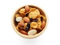 Tasty cornflakes with Almond and dried currants in wooden bowl on white background.